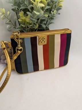 Coach Legacy Stripe Satin Wristlet with Gold Metallic Trim
